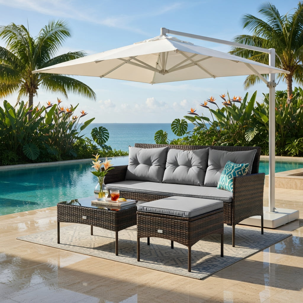Hommoo 3-Piece Modern Outdoor Patio Sectional Set with Steel Frame, All-Weather Rattan Sofa, Ottoman & Tempered Glass Coffee Table, Includes 5 Cushions, Gray