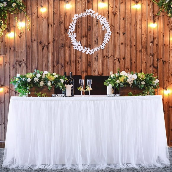 White Tulle Table Skirts for Baby Shower, Table Decoration Tutu Table Skirt for Cakes, Birthday, Christening, Wedding Tables, L 275 x H 76 cm