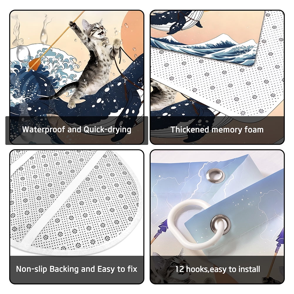 4pcs Funny Cat Riding Shark Ocean Shower Curtain Set for Bathroom