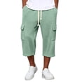 thumbnail image 3 of Nestiefly Long Cargo Shorts for Men Below Knee Waffle Drawstring Capris Pants Elastic Waist Lightweight Summer Resort Wear Light Green M, 3 of 8
