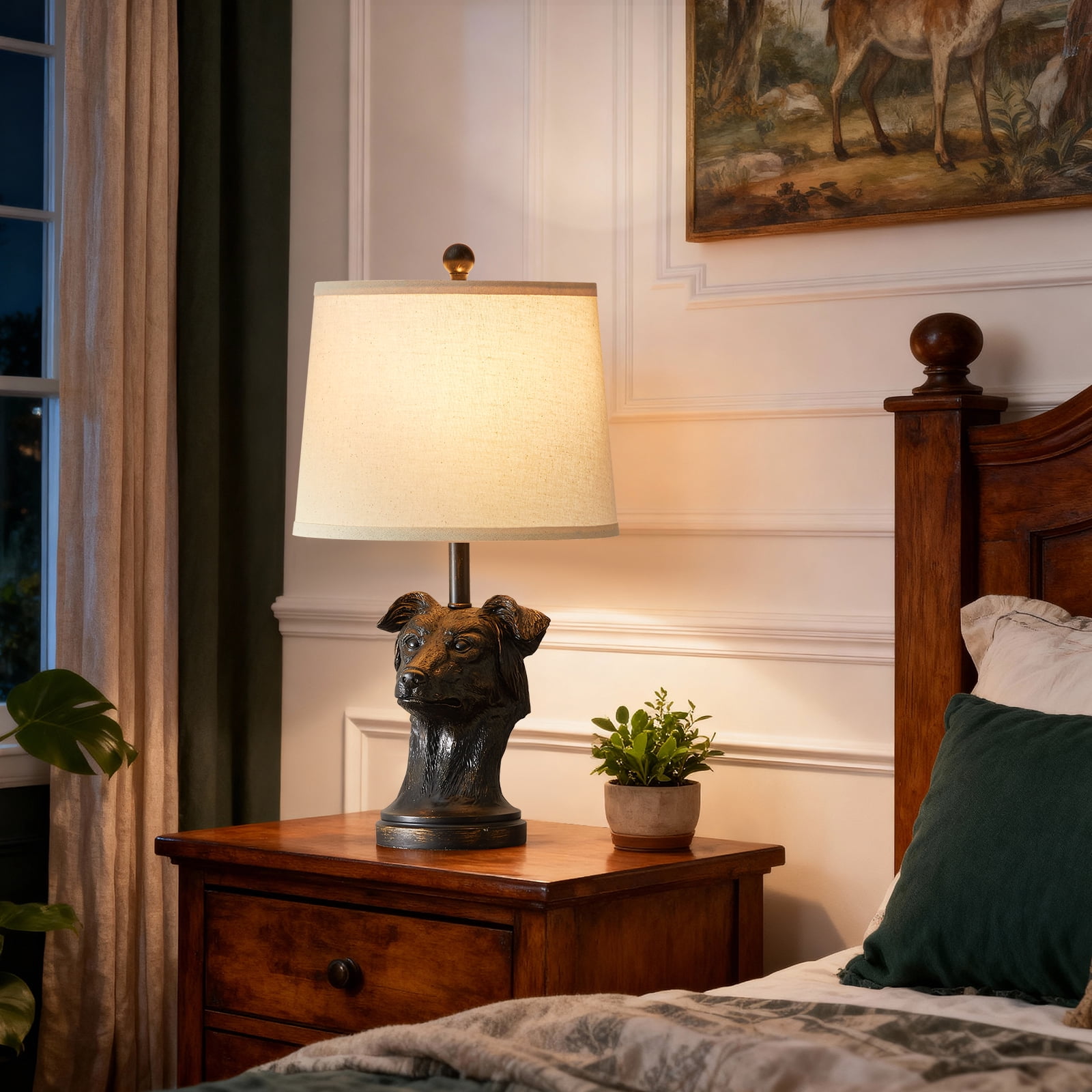 Modern Table Lamp with Linen Shade, 24inch Bedside Lamp with Rotary Switch & Included 9W LED Bulb for Nightstand, Living Room
