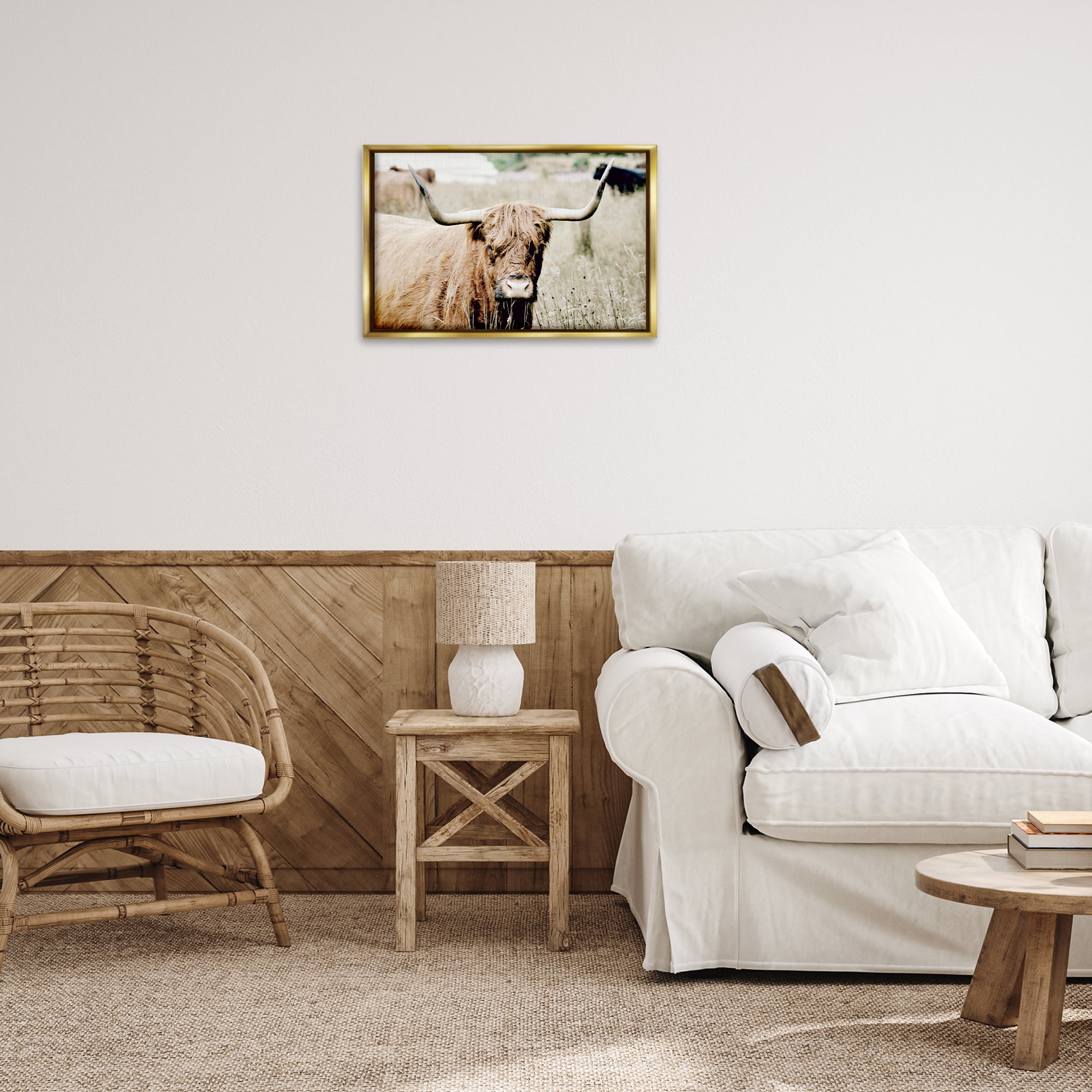 Stupell Industries Highland Cattle in Field Animals & Insects Photography Gold Floater Framed Canvas Art Print Wall Art, 25 x 17