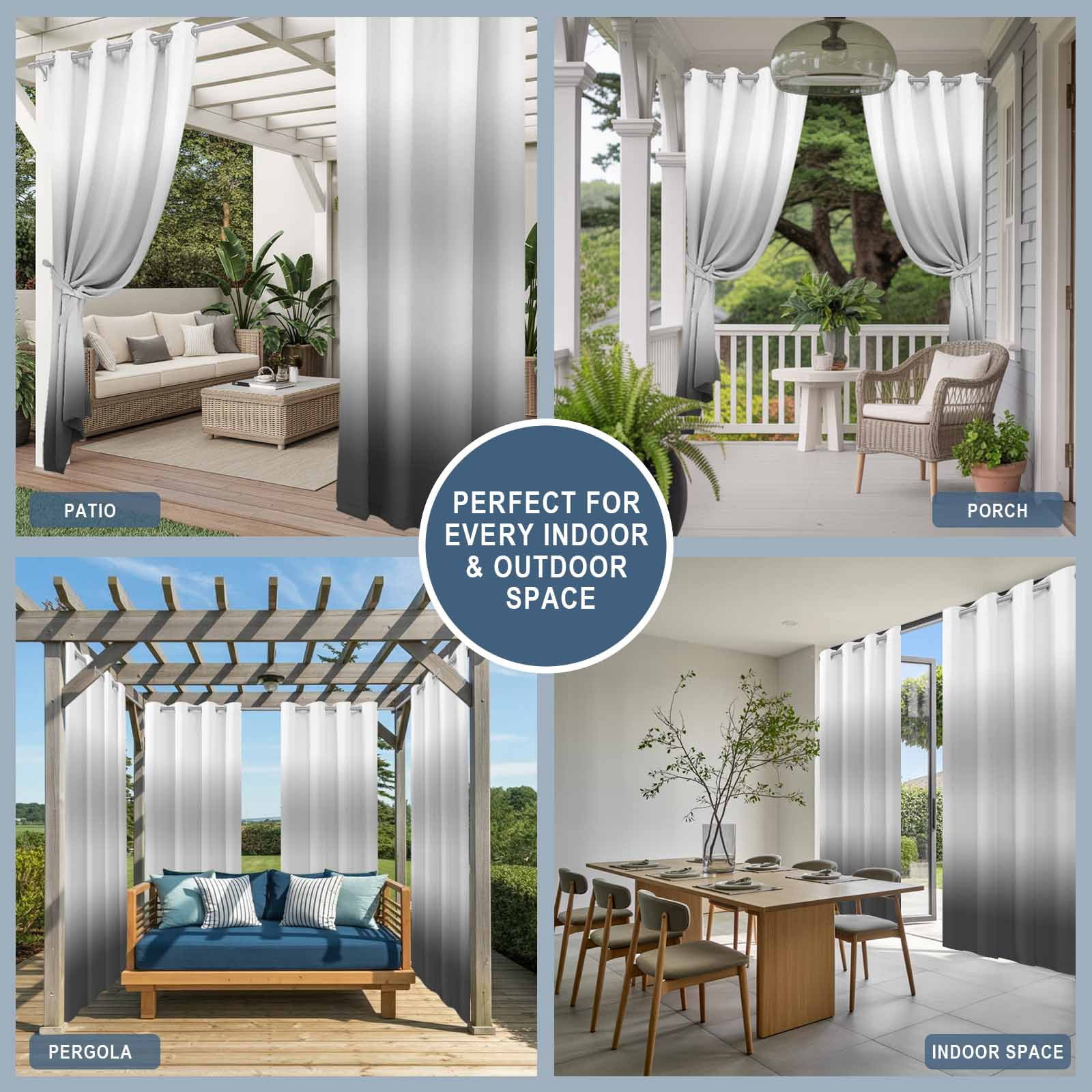 White and Grey Gradient Outdoor Curtains for Patio, Minimalist Dark Grey Ombre Modern Art Sunshade Privacy Drapes Grommet Waterproof Outside Curtains for Porch/Cabana/Balcony 54"x 108", 1 Panel