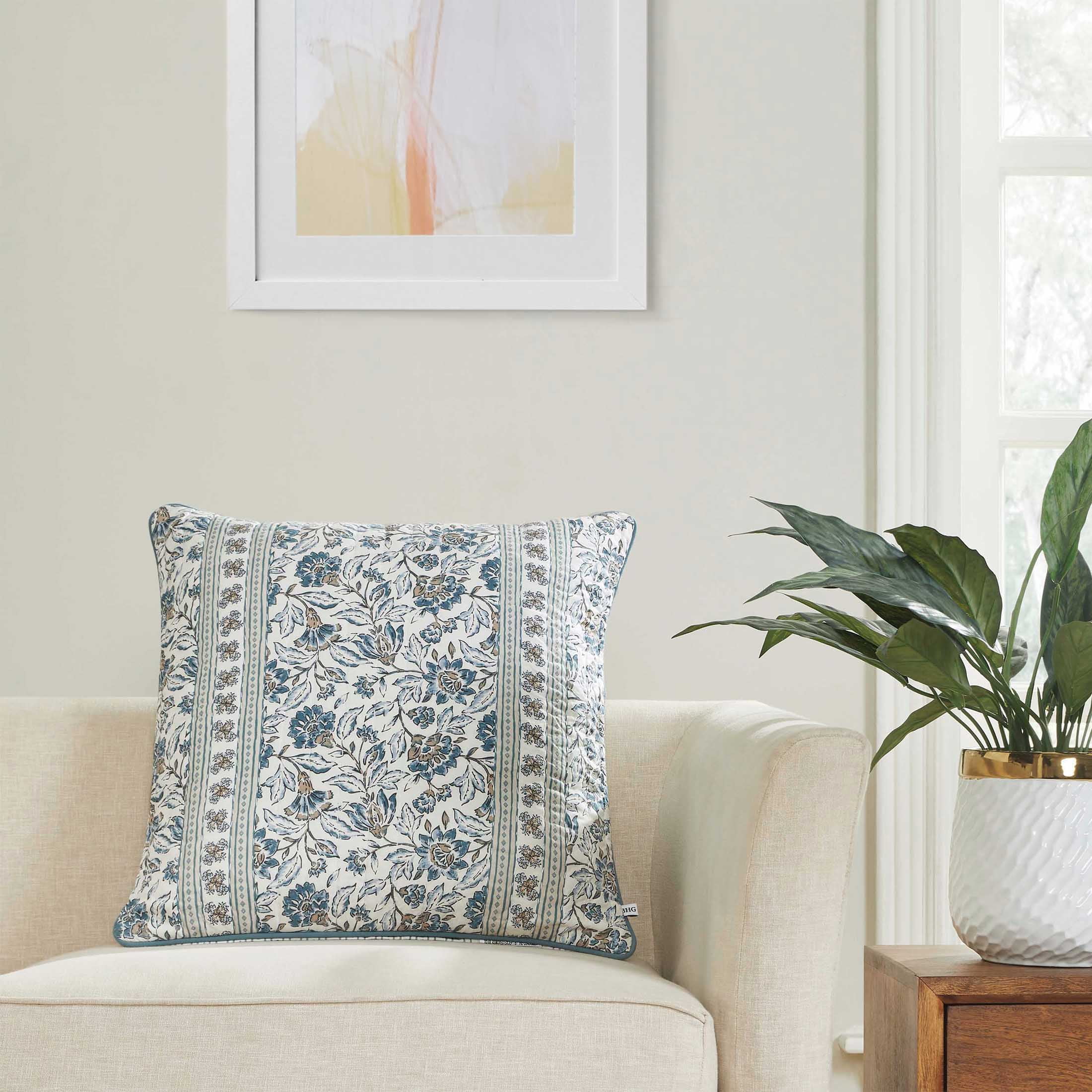 (2 pack) Better Homes & Gardens 20" x 20" Blue Block Print Floral Reversible Cotton Decorative Pillow