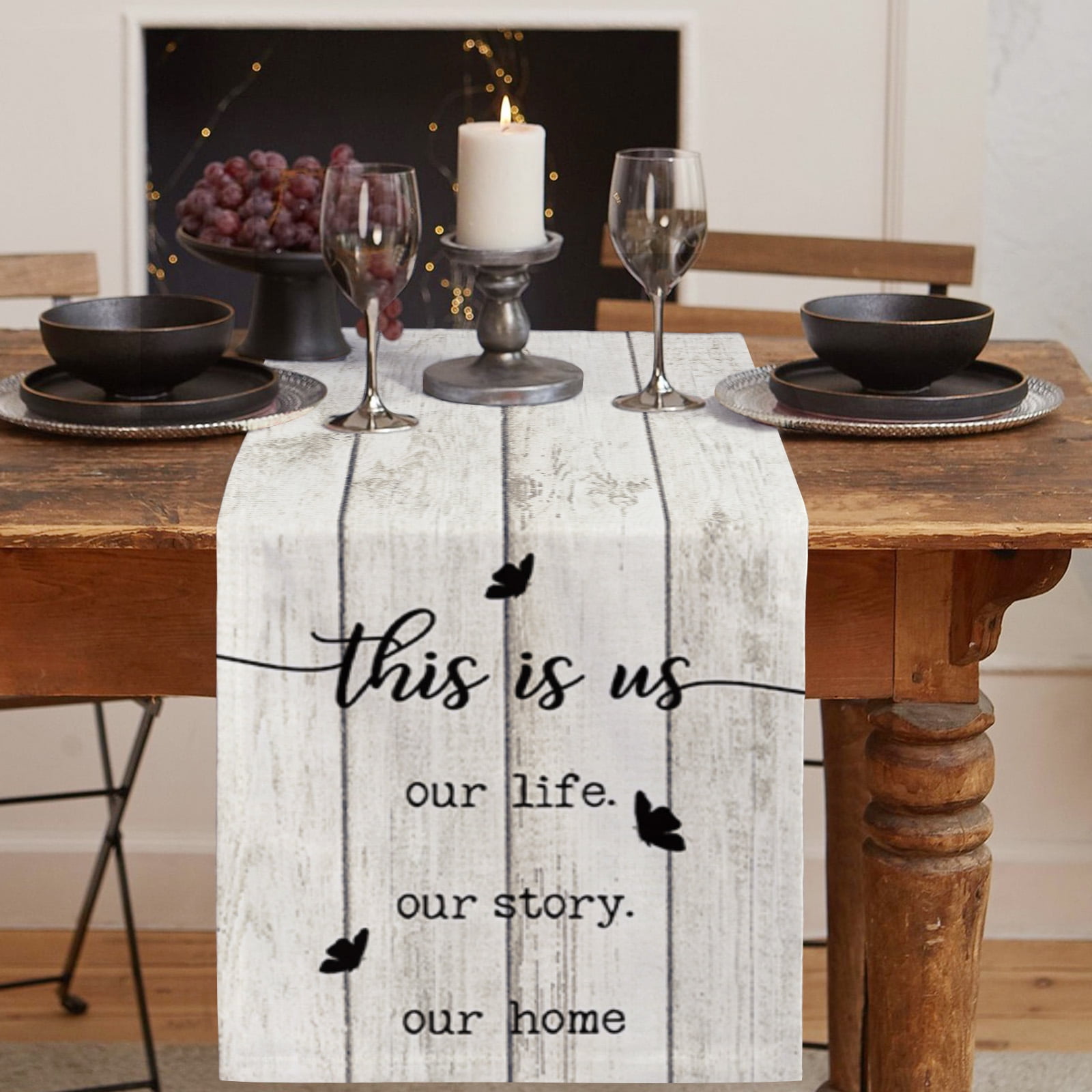 Table Runner Dresser Scarves 90 Inch Long, Vintage Farmhouse Wooden Board Linen Dining Table Runners This is Us Our life Our Story Our Home Tabletop Scarf for Wedding Holiday Party Kitchen