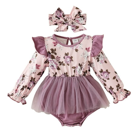 

Cute Toddler Baby Romper Infant Girls Long Sleeve Floral Prints Tulle Romper Newborn Ruffles Bodysuits Headbands Set