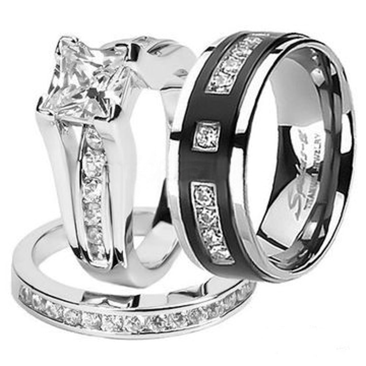 Engagement Ring Stainless Steel Mens Simulated Diamond Womens Wedding Band Set 