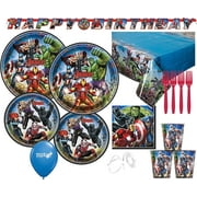 Marvel Avengers Superhero Party Supply Bundle with Plates, Napkins, Cups, Table Cover, and Forks for 16 Guests