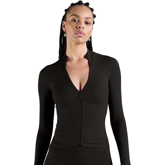 Women's Cropped Athletic Jacket - Lightweight Full Zip Running Coat with Self-Locking Zipper for Yoga & Running Black L