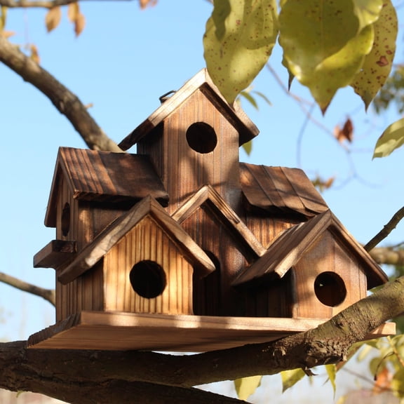 6 Hole Wooden Bird House for Outside, Hanging Birdhouse for 6 Bird Families Bluebird Finch, Natural Wood Garden Decor & Gardening Gift
