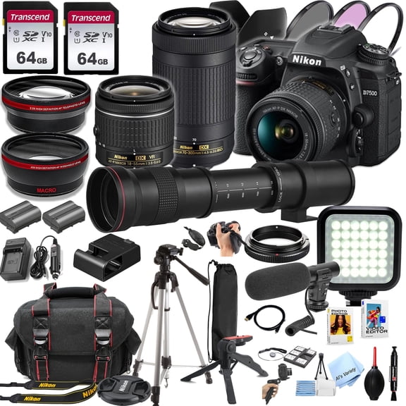 Nikon D7500 DSLR Camera Kit with 18-55mm VR & 70-300mm Lenses   420-800mm Lens   128GB Memory, LED Light, Microphone, Spare Battery, Filters, Case, Tripod, and More(International Version)