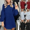 thumbnail image 5 of Women Autumn Lantern Long Sleeve O-Neck Loose A-Line Sweater Dress Solid Color Winter Warm Basic Bottoming Streetwear, 5 of 19