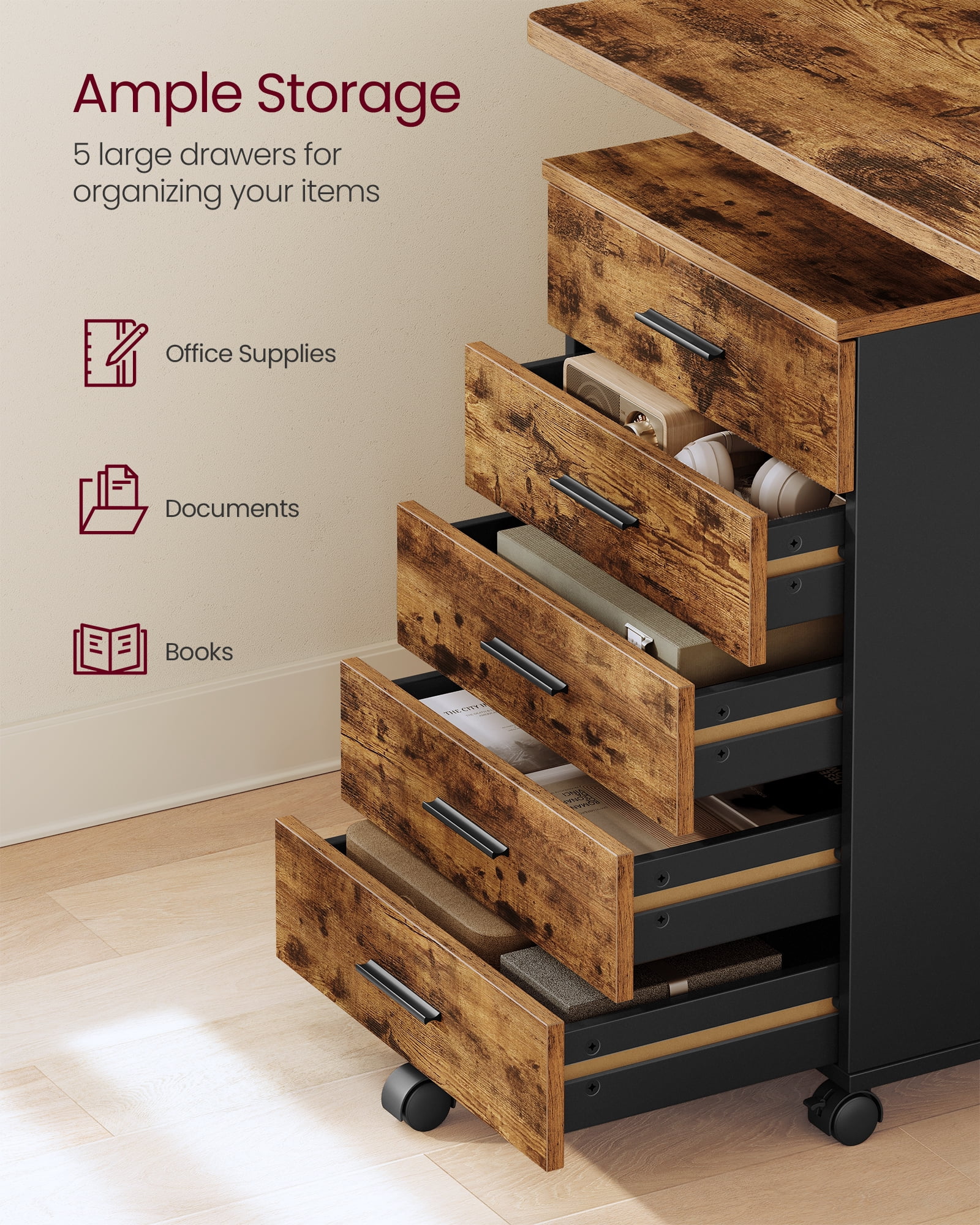 VASAGLE File Cabinet, Mobile Pedestal Filing Cabinet with Wheels, Printer Stand with 5 Drawers, Tool-Free Sliding Rails, Rustic Brown
