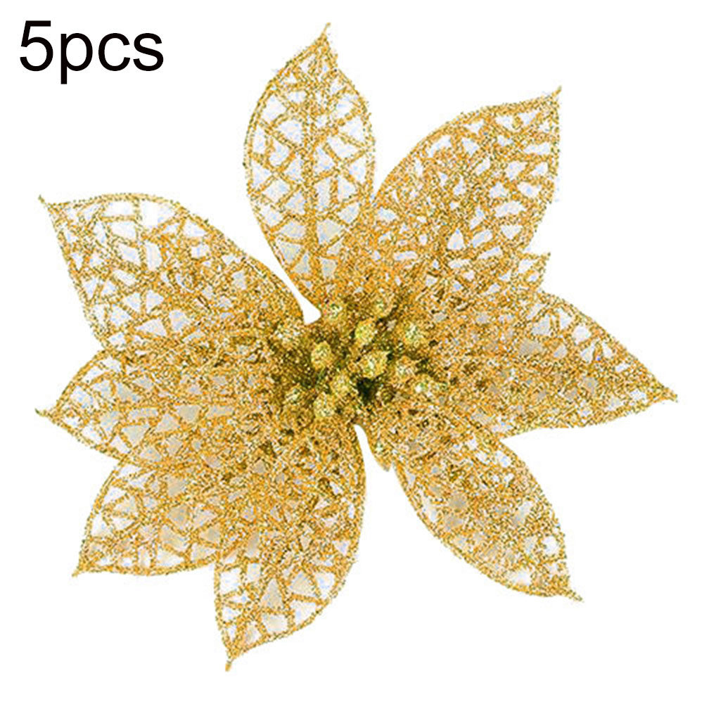 Shulemin 5Pcs Glitter Hollow Artificial Christmas Flower Ornament Xmas