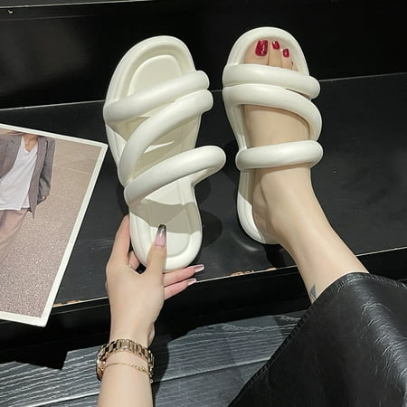 

HAOTAGS Womens Flat Sandals Cute Thick Strap Slippers Solid Color Open Toe Slip On Casual Summer Beach Shoes