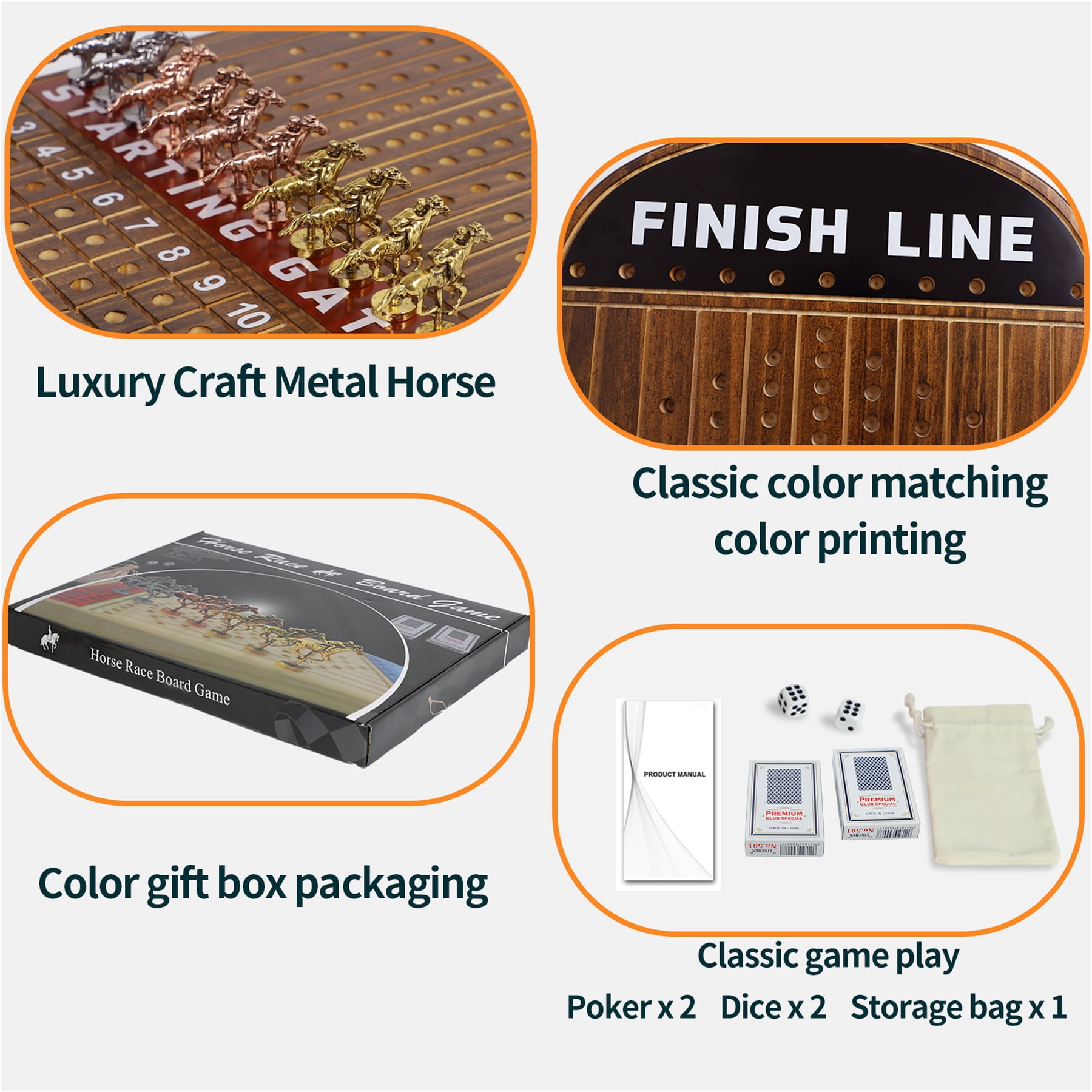 Grhonior Horse Race Board Game Oval Thickened Solid Wood with 11 Luxurious Metal Horses 21 x 11.8 x 0.8inch