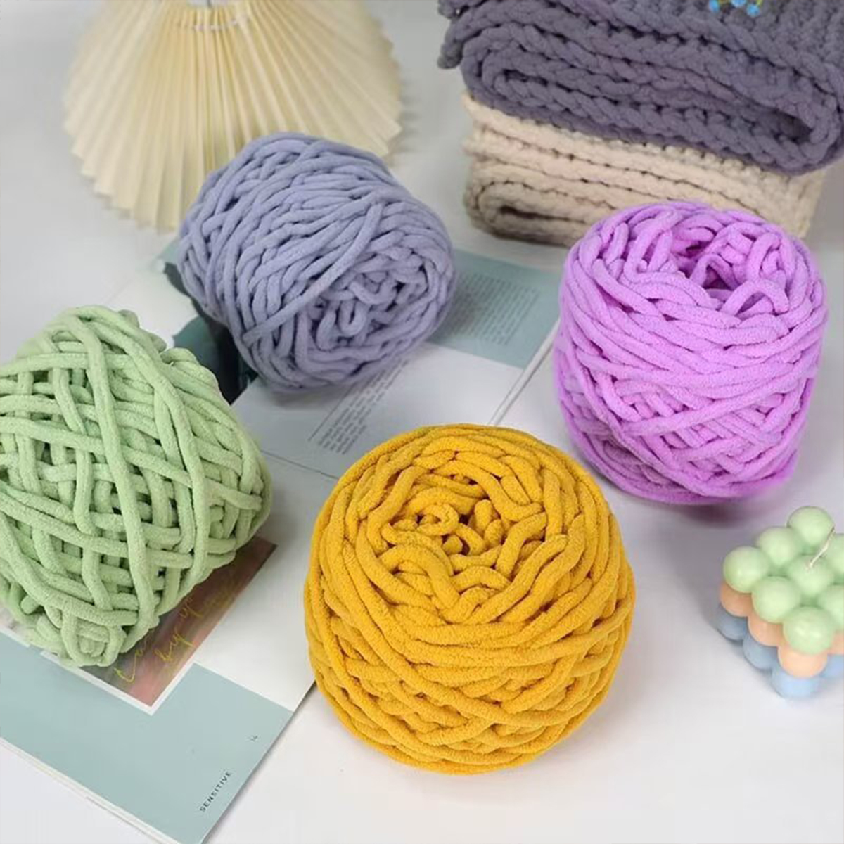 Tikeitoo Chunky Knitting Yarn 4-Pack - #6 Super Bulky Soft Tube Chenille Yarn for Arm Knitting & Crochet - Make Blankets & Scarves - 400g Total
