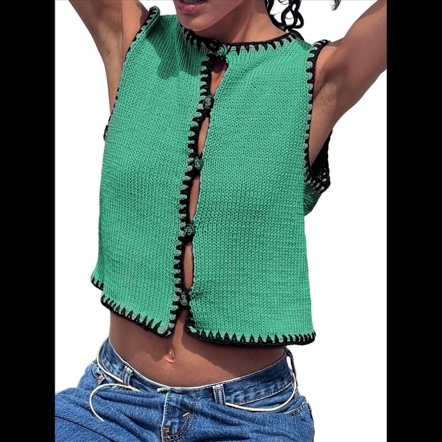 Suéter Sin Mangas para Mujer, Camiseta Sin Mangas con Botones, Cárdigan Corto de Punto para y Verano 2025 Verde L