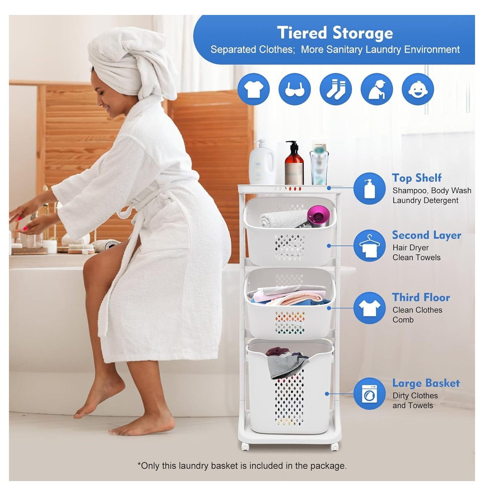 3 Tier Laundry Hamper, Rolling Laundry Sorter Basket 43.3'', Clothes Storage Organizer for Bathroom, Bedroom, 17.3x24x43.3 inches, PP Material