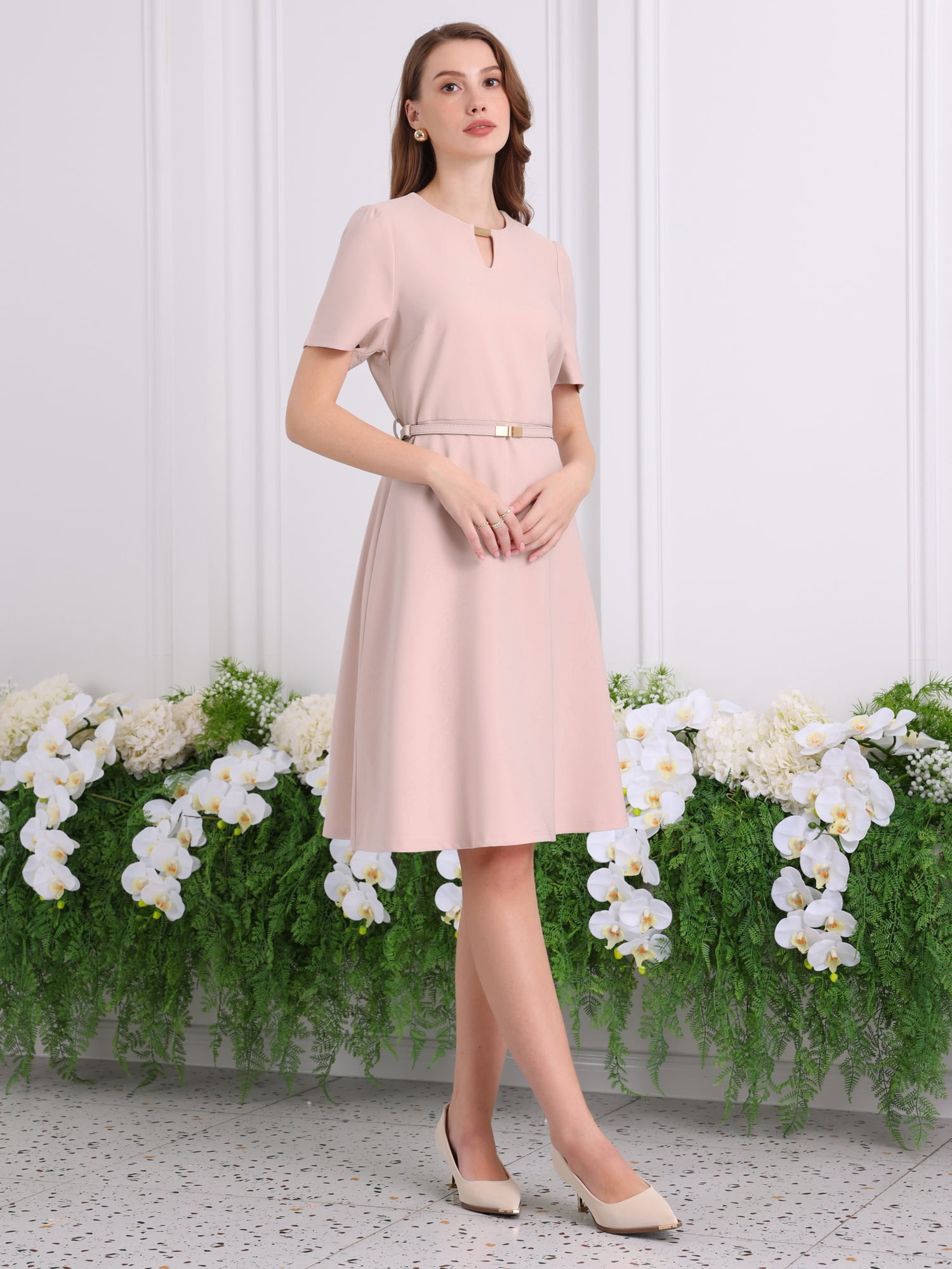 DARING DIVA Women's Choker V Neck Short Sleeve Belted Elegant Dress 2XL Pink
