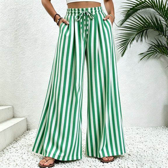Endives Wide Leg Pants for Women Summer Striped Loose Straight Leg Elastic Waist Trousers with Pockets Vacation Outfits Flowy Pants for Women