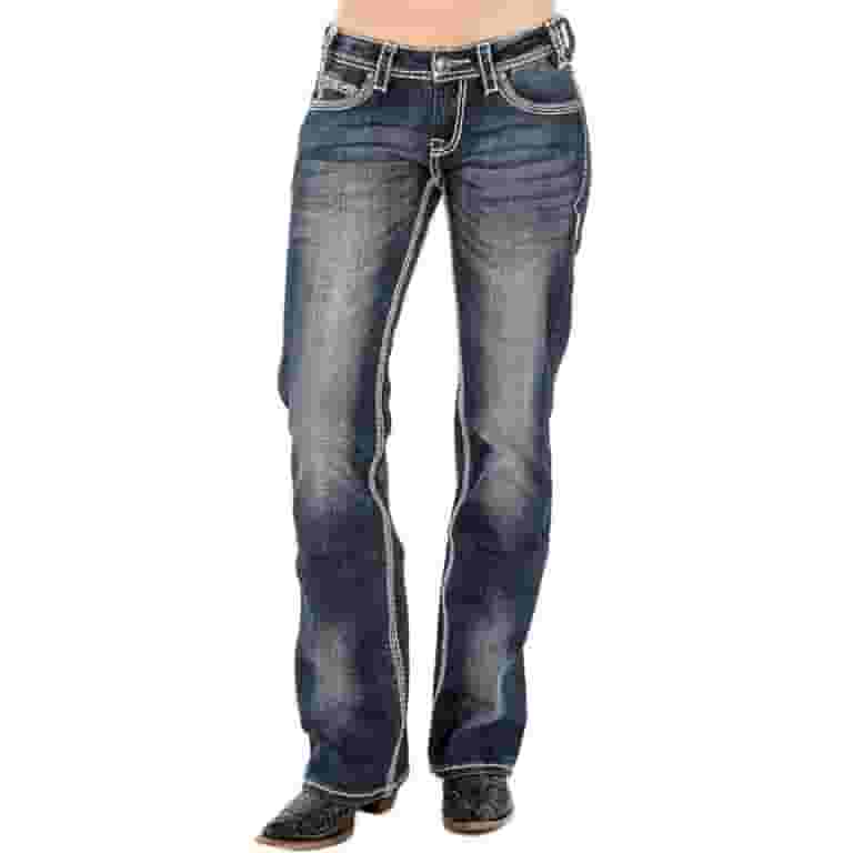 【EEUN】Dry Mid Boot Jeans Rock & Roll Denim Womens W7-9516 Midrise Bootcut Riding Jean