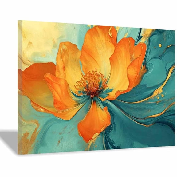 Mudket Orange Flower with Gold Accents Canvas Wall Art, Framed Floral Print, Ready to Hang Wall Decor for Living Room Office, Abstract Modern Artwork - 12"L x 8"W