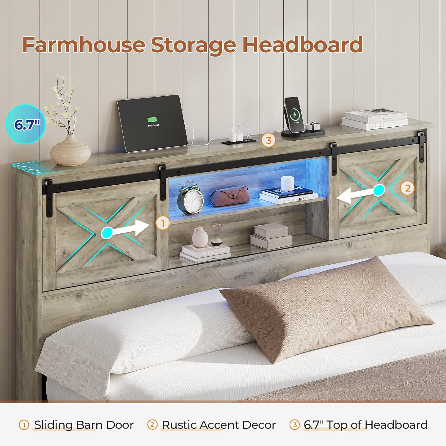 Farmhouse California King Size Bed Frame with Charging Station & LED Lights,Wooden Platform Cal King Beds with 4 Storage Drawers,Storage Headboard and Sliding Barn Door,Gray