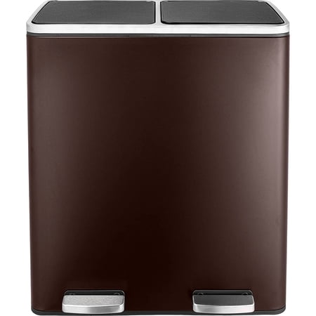 60L(16 Gal) Dual Trash Can, Stainless Steel Kitchen Garbage Can, Double Compartment Classified Rubbish Bin, Recycle Dustbin w/Plastic Inner Buckets, Handle, Soft-Close Lid, Airtight, Brown