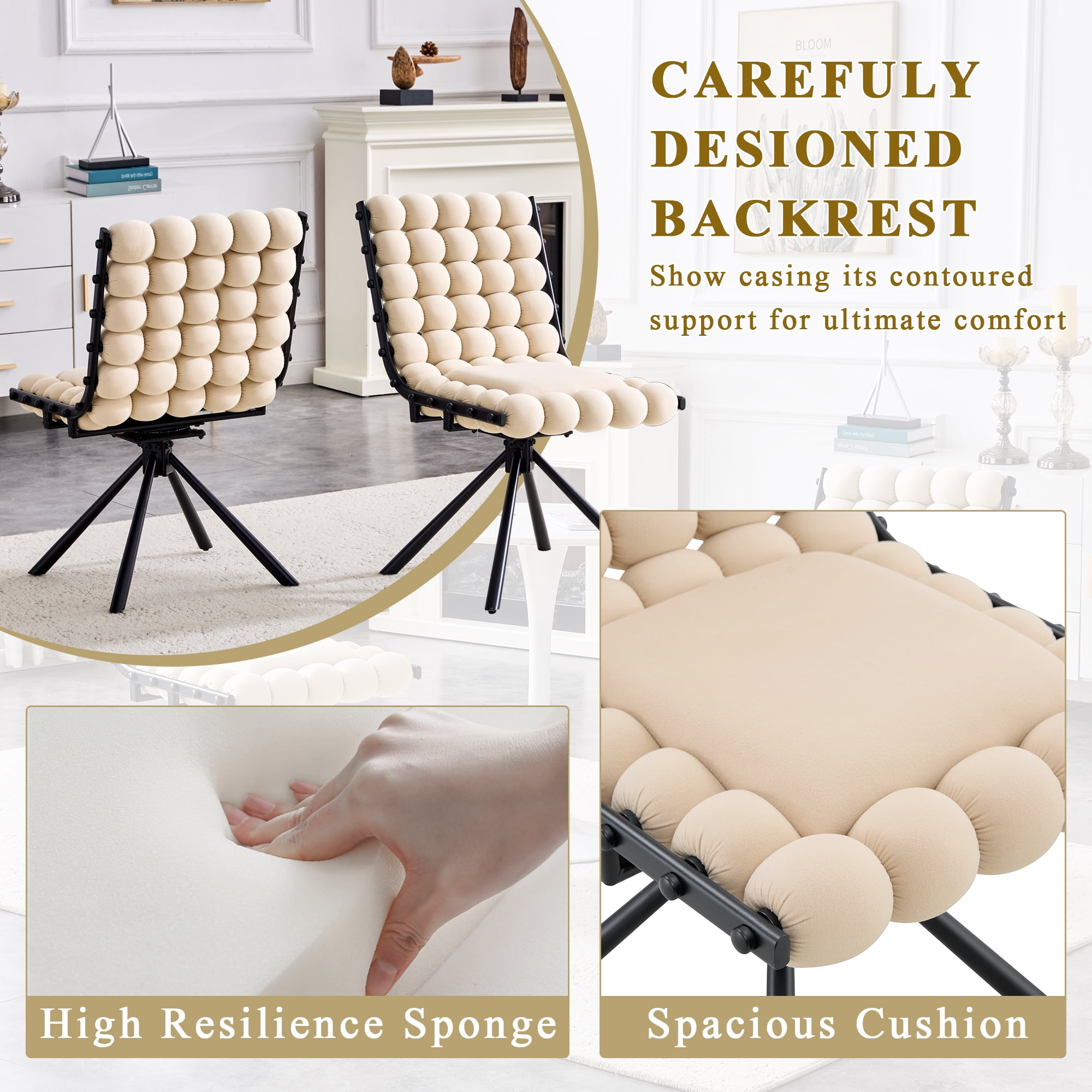 Aukfa Velvet Swivel Dining Chairs Set of 2, Modern Bubble Tufted Kitchen Side Chairs, Black Metal Legs,Beige