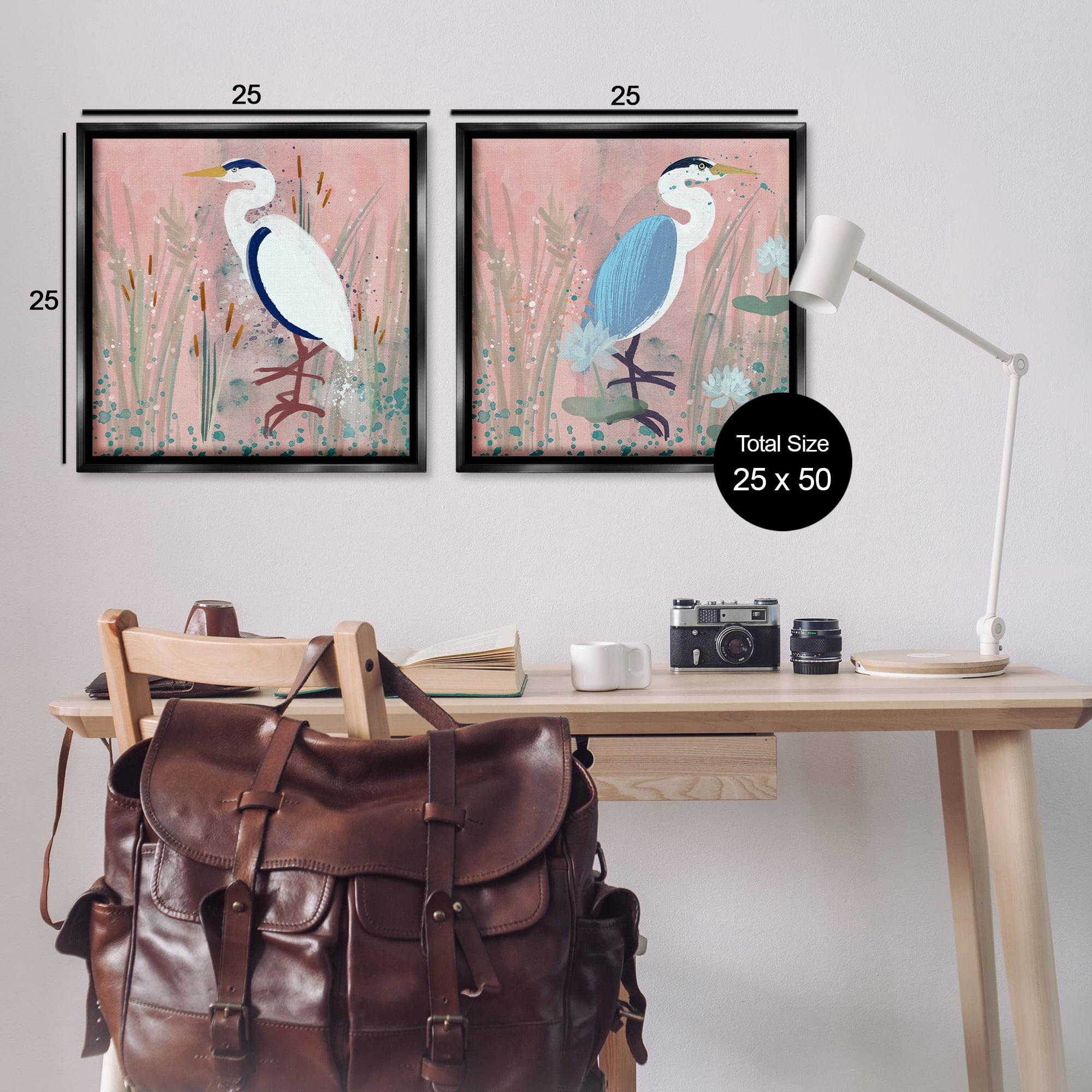 Stupell Industries Blue Heron Egret Cattail Marsh Animals Painting Black Floater Framed Canvas Art Print Wall Art, 25 x 25, Set of 2