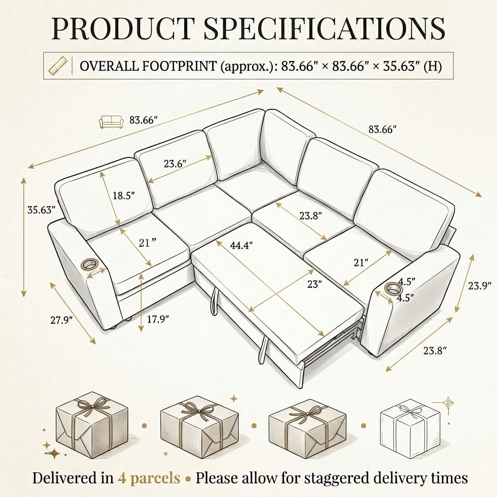 84" Modern Reversible Sectional Sleeper Sofa with Pull-Out Bed, Storage Chaise, USB Ports & Cup Holders