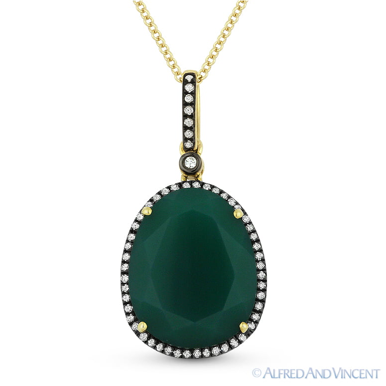 1.86 ct Green Agate & Diamond Tear-Drop Halo Necklace Pendant in 14k Yellow Gold