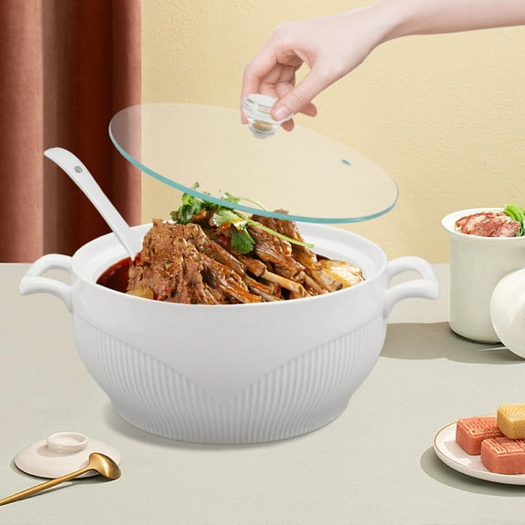 Elegant Ceramic Soup Tureen with Glass Lid & Ladle – 0.4 Gal Capacity, Dishwasher & Microwave Safe, Durable High-Temperature Fired Porcelain