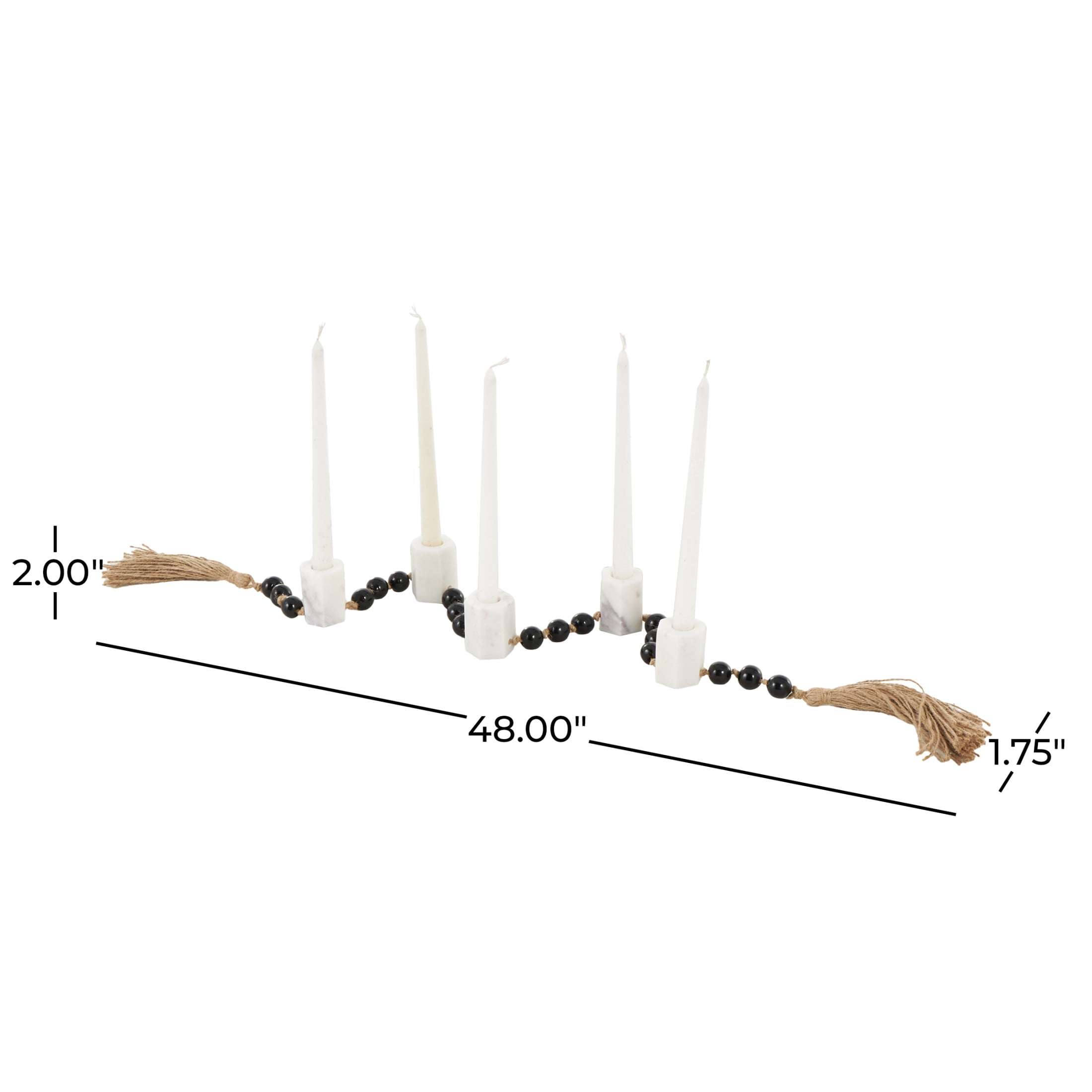 DecMode 5 Candle White Marble Hexagon Garland Candle Holder with Brown Tassel and Black Beads