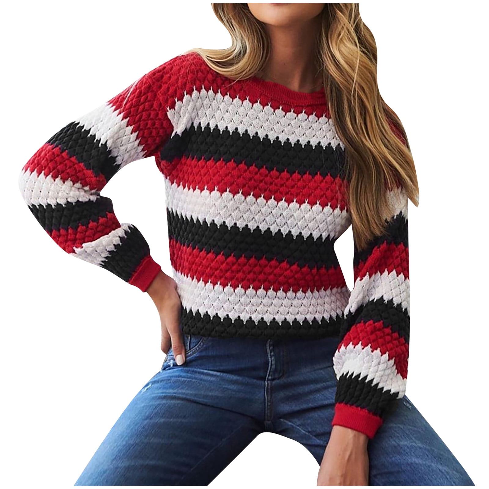 Lazapa Plush Sweater for Women Stripe Colorblock Loose Sweatshirt Fall Daily Warm Pullover Ultra Soft Fashion Tops Match with Black Slacks Denim Jeans 
