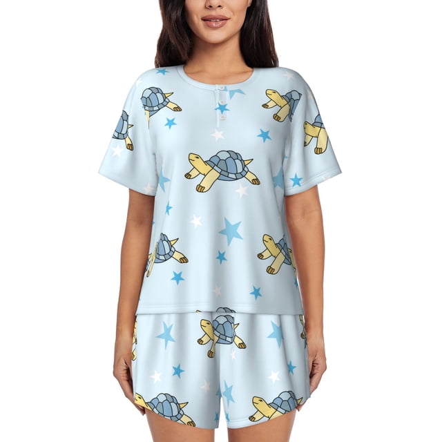 Fotbe Cartoon Turtle Conjunto de Pijama Estampado para Mujer, 2 Piezas, Ropa de Dormir con Camiseta de Manga Corta y Shorts Suaves-Small