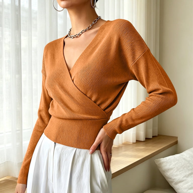 Karymi Tops for Women Trendy Wrap V Neck Waist Cinched Slim Knit