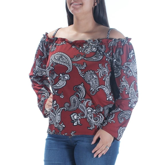 INC Womens Brown Paisley Spaghetti Strap Off Shoulder Casual Top L