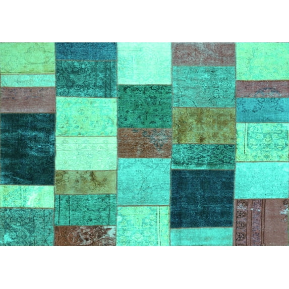 Ahgly Company Machine Washable Indoor Rectangle Patchwork Turquoise Blue Transitional Area Rugs, 7' x 10'