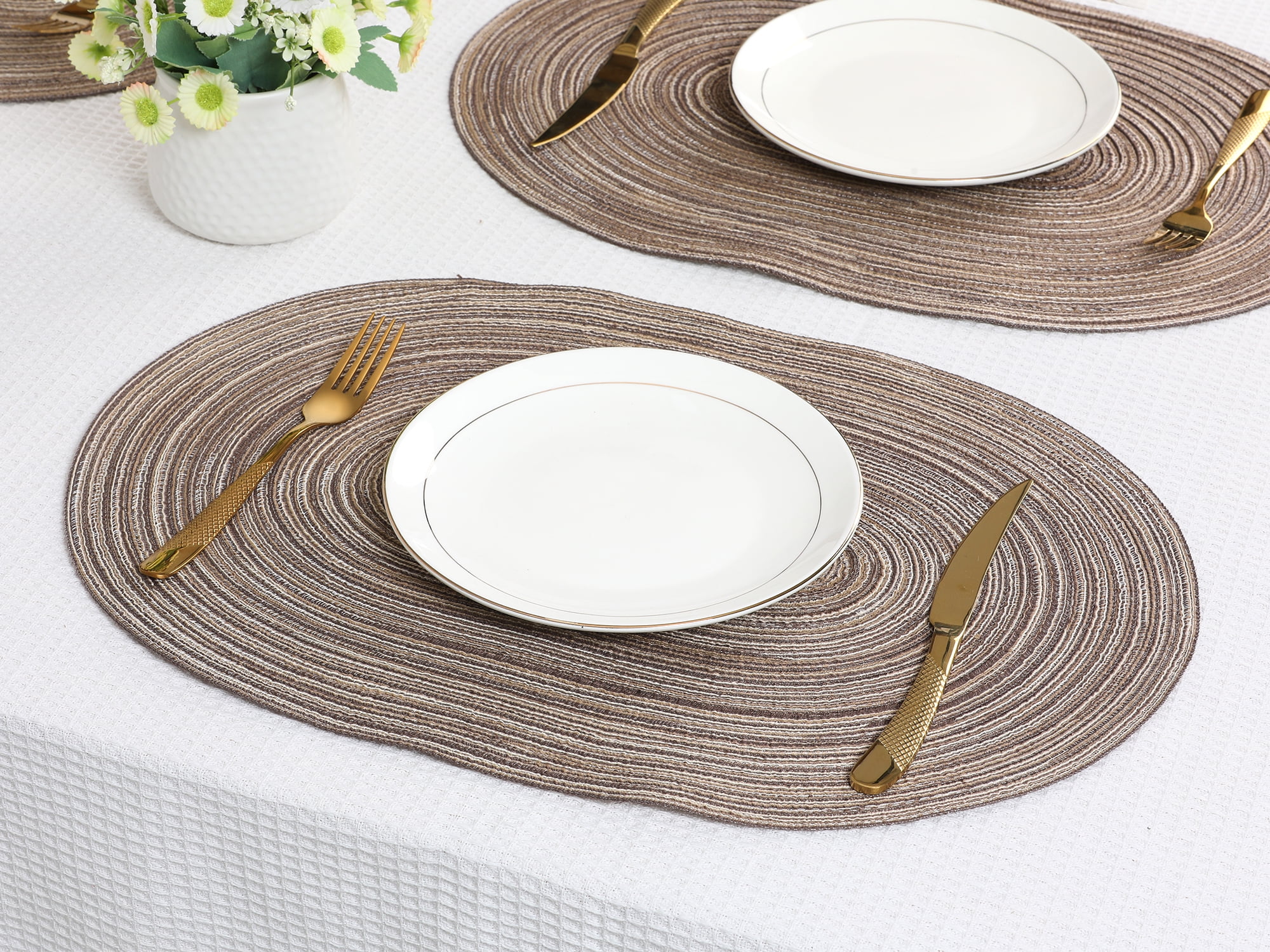 REGALWOVEN Farmhouse Placemats Set of 6 Oval Placemats for Dining Table Decor Indoor Outdoor Kitchen Table Mat Wipe Clean CoffeeBrown 19.7*14Inch