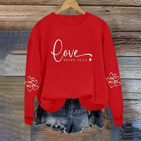 Dolkfu Valentine's Day Womens Shirts Heart Print Red Sweatshirts Plus Size Crewneck Cute Tops for Women L