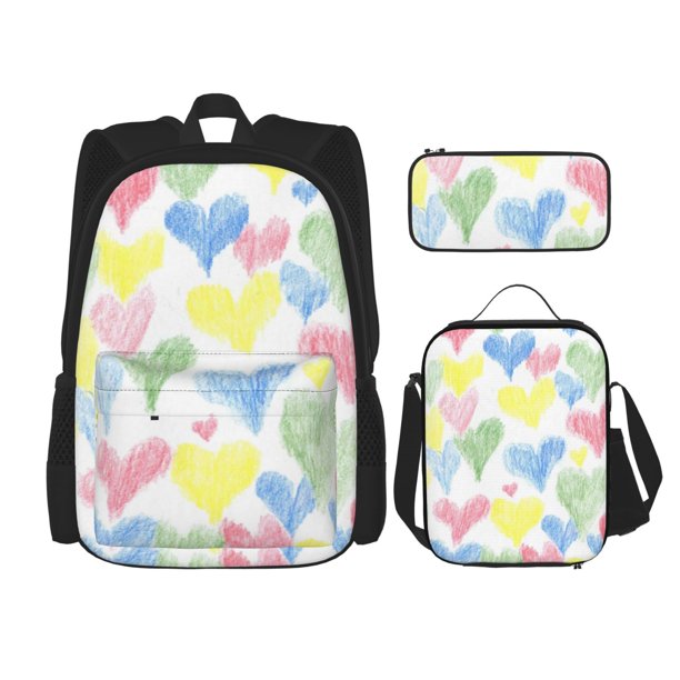 Fotbe Hand Drawn Colored Hearts Set Escolar 3 en 1 para Niños - Mochila Duradera con Lonchera Aislante y Estuche para Lápices - Mochila Escolar para Niños y Niñas