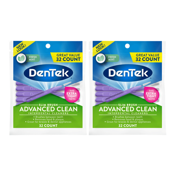 DenTek Slim Brush Advanced Clean Interdental Cleaners, Tight, Fresh Mint, 32 Count - 2 Pack