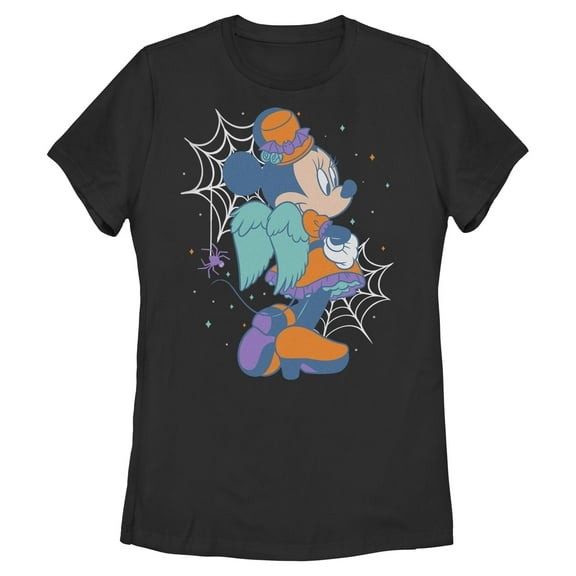Womens Minnie Mouse Halloween Pose Angel Wings Bats and Webs T Shirt
