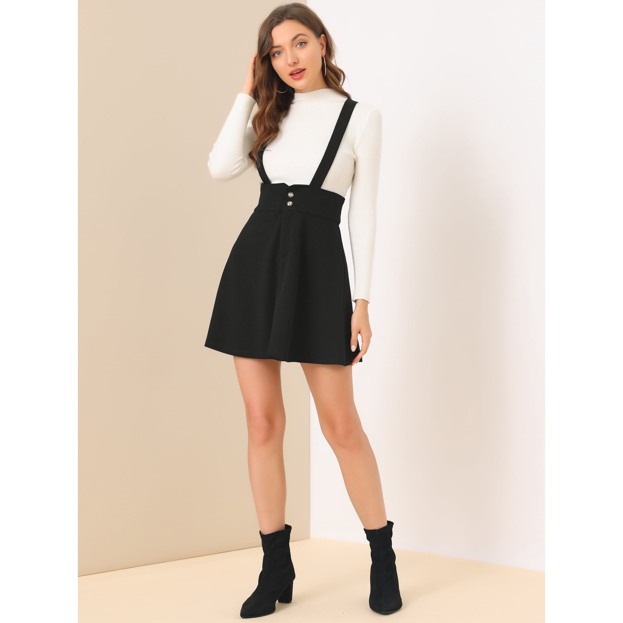 Unique Bargains Women s Casual Overall Dress Strap Button Front Suspender Skirt Walmart