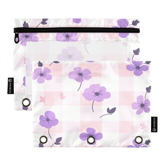 Pencil Pouch for 3 Ring Binder, Binder Pencil Case with Smooth Zipper, Clear Window Pencil Case for Binder, Big Capacity 3 Ring Binder Pencil Bag with 3 Reinforced Grommets. Purple Floral