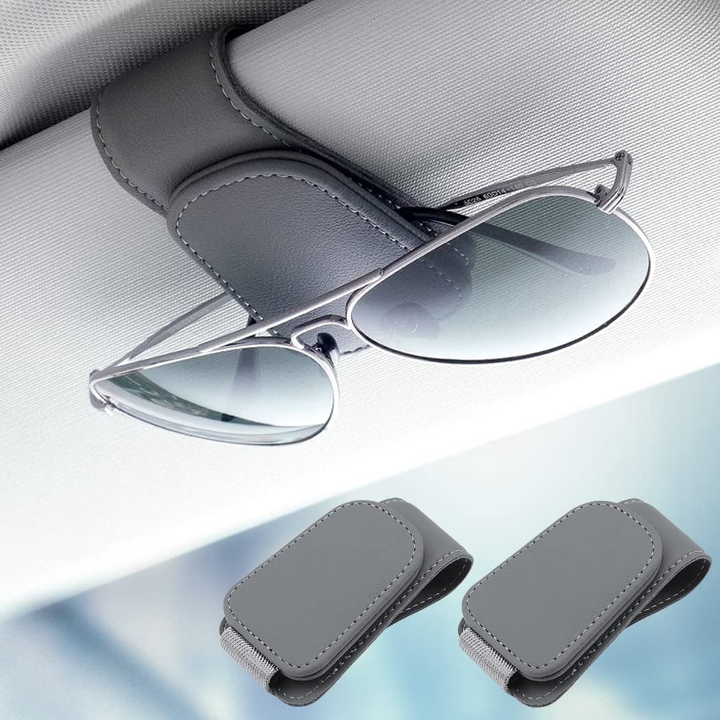 2 Pack Magnetic Sunglass Holder For Car Visor | Leather Clip To Organize Glasses In Car