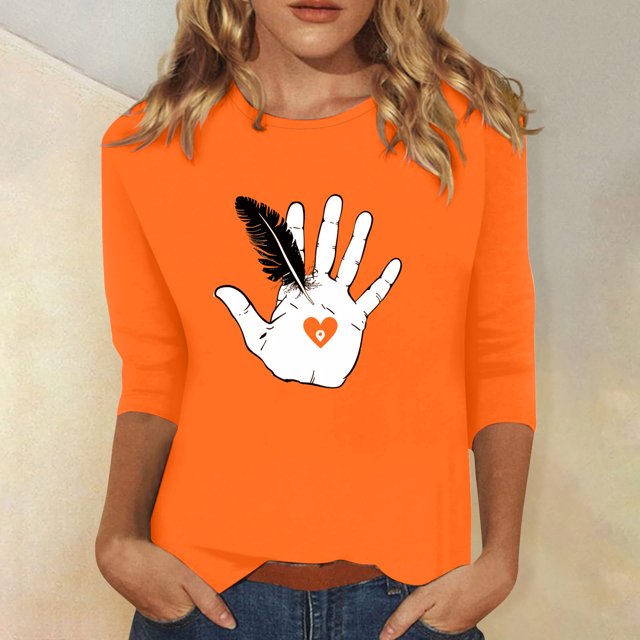 Wanfds Hauts Décontractés Orange pour Femmes Manches Courtes Col Rond Manches Trois-Quarts L