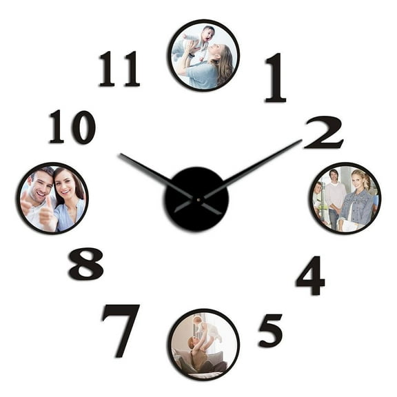 Personalized 3D DIY Arylic Wall Clock With 4 Prints Custom Printed With Your Family Portrait Housewarming Gift Wall Art Clock(Black,37inch)